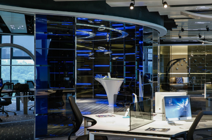 红木色柜子在办公室装修设计中的效果